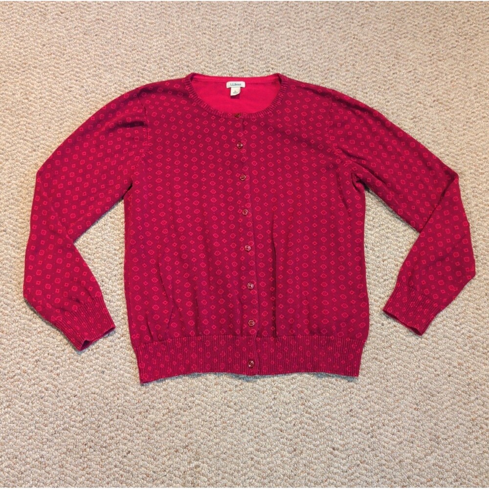 LL Bean Cardigan Sweater Womens L Pink Supima Cotton Button Up Preppy